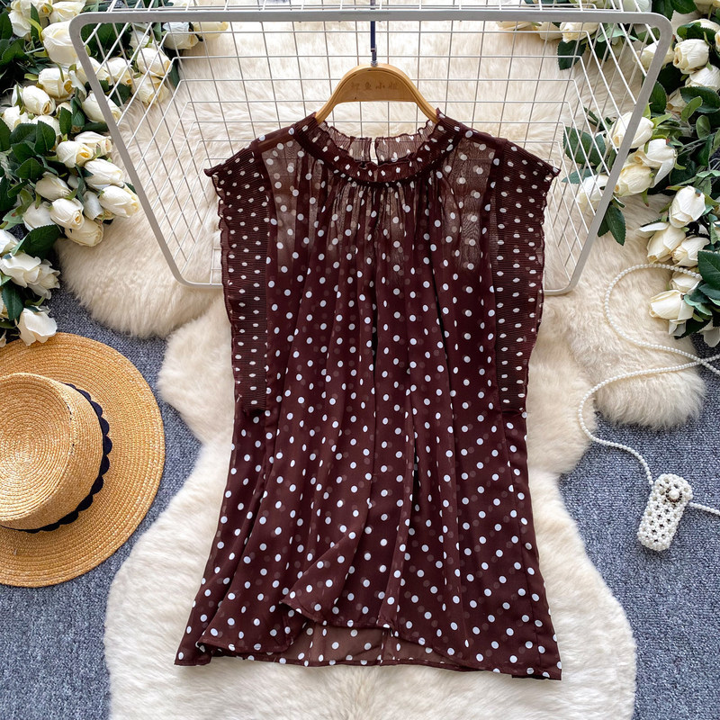 Cross-Border Retro Polka Dot Sleeveless Skin-Friendly Breathable Shirt for Women, Summer Trendy Loose Slimming Commuter Style Chiffon Shirt