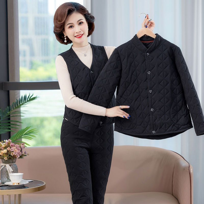 三件套保暖套装中年女装冬季新款蚕丝棉外穿高档棉服妈妈装两件套|undefined