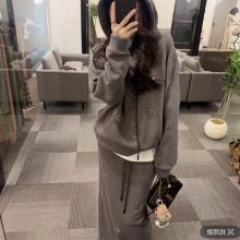 时尚休闲女冬季烫钻连帽卫衣阔腿长裙长袖t恤三件套 2025秋季新款