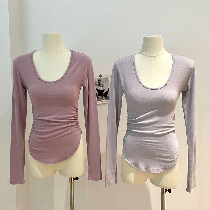 Basic Ballet Side Waist Pleated Crewneck Long Sleeves Basic Ballet Side Waist Pleated Crewneck Long Sleeves