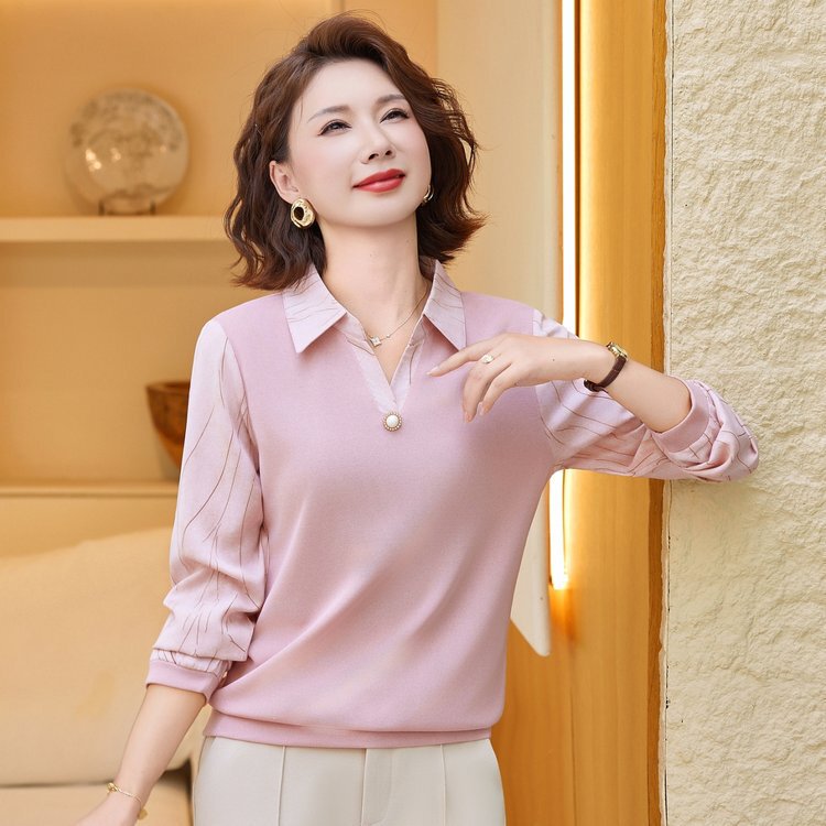 Middle-Aged Mom's Autumn Base Shirt, Stylish Top for 40-50 Year Old Women, Middle-Aged Women's Spring and Autumn T-Shirt Top