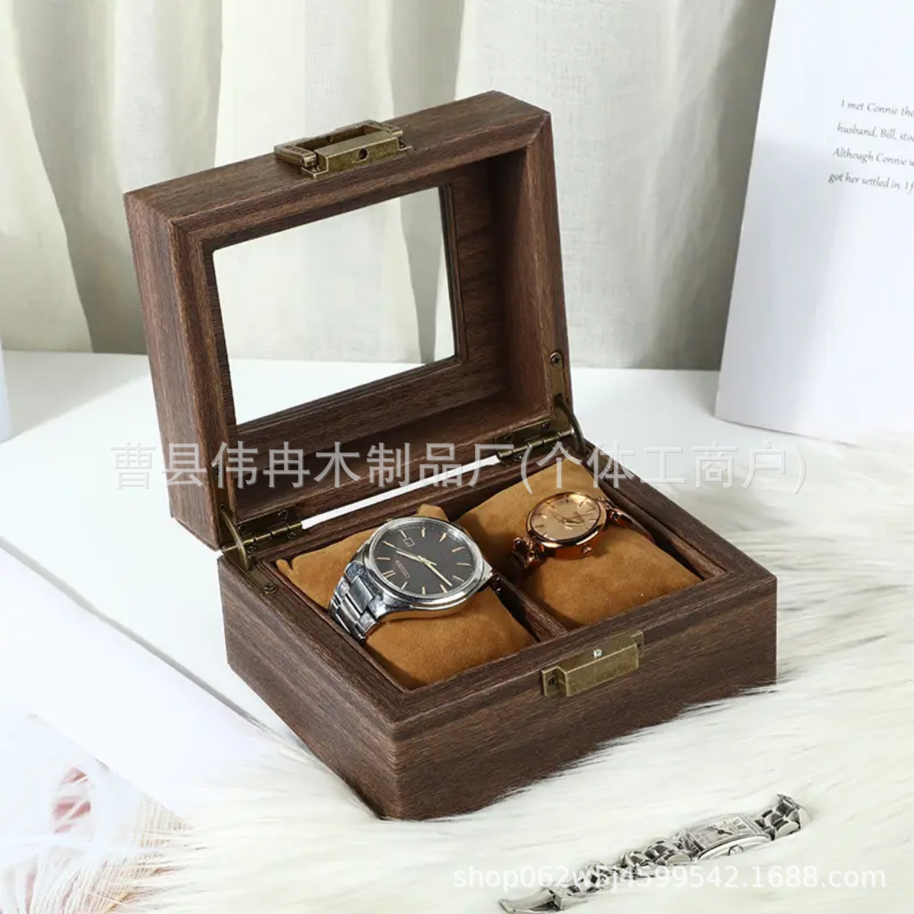 Cross-Border Wooden Storage Box Flip-Top Wooden Box with Lock Black Walnut Watch Box Jewelry Watch Display Box