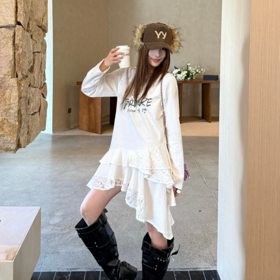 FO家长袖连衣裙25早秋纯欲风显瘦做旧手绘kt猫长袖不规则连衣裙