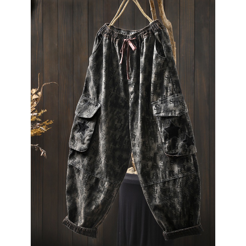 个性大口袋工装牛仔裤女复古时尚潮流印花垮裤宽松哈伦萝卜老爹裤