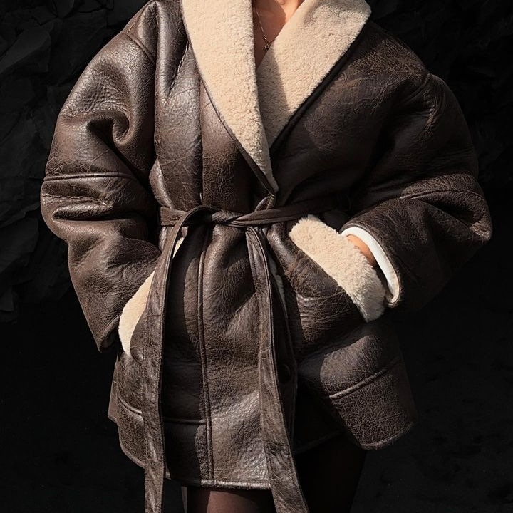 Women's Clothing autumn and winter new fashion cashmere leather fur collar composite belt jacket_voghion.com