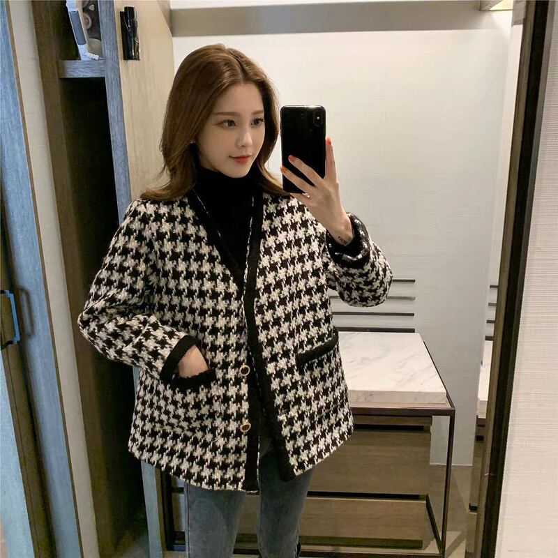Chanel-Style Houndstooth Tweed Jacket for Women, Autumn and Winter Korean Version, Loose Socialite Temperament Baseball Jacket, Ins Short Top