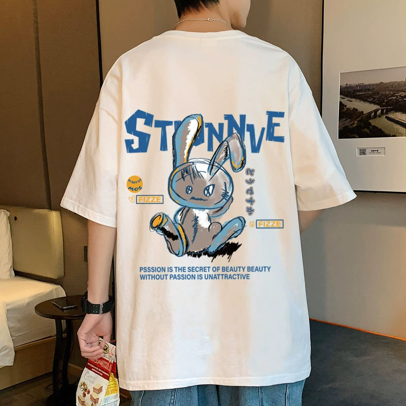 Летняя мужская футболка с короткими рукавами и принтом кролика в гонконгском стиле, модная тонкая свободная футболка большого размера для пар, футболка с половиной рукавов