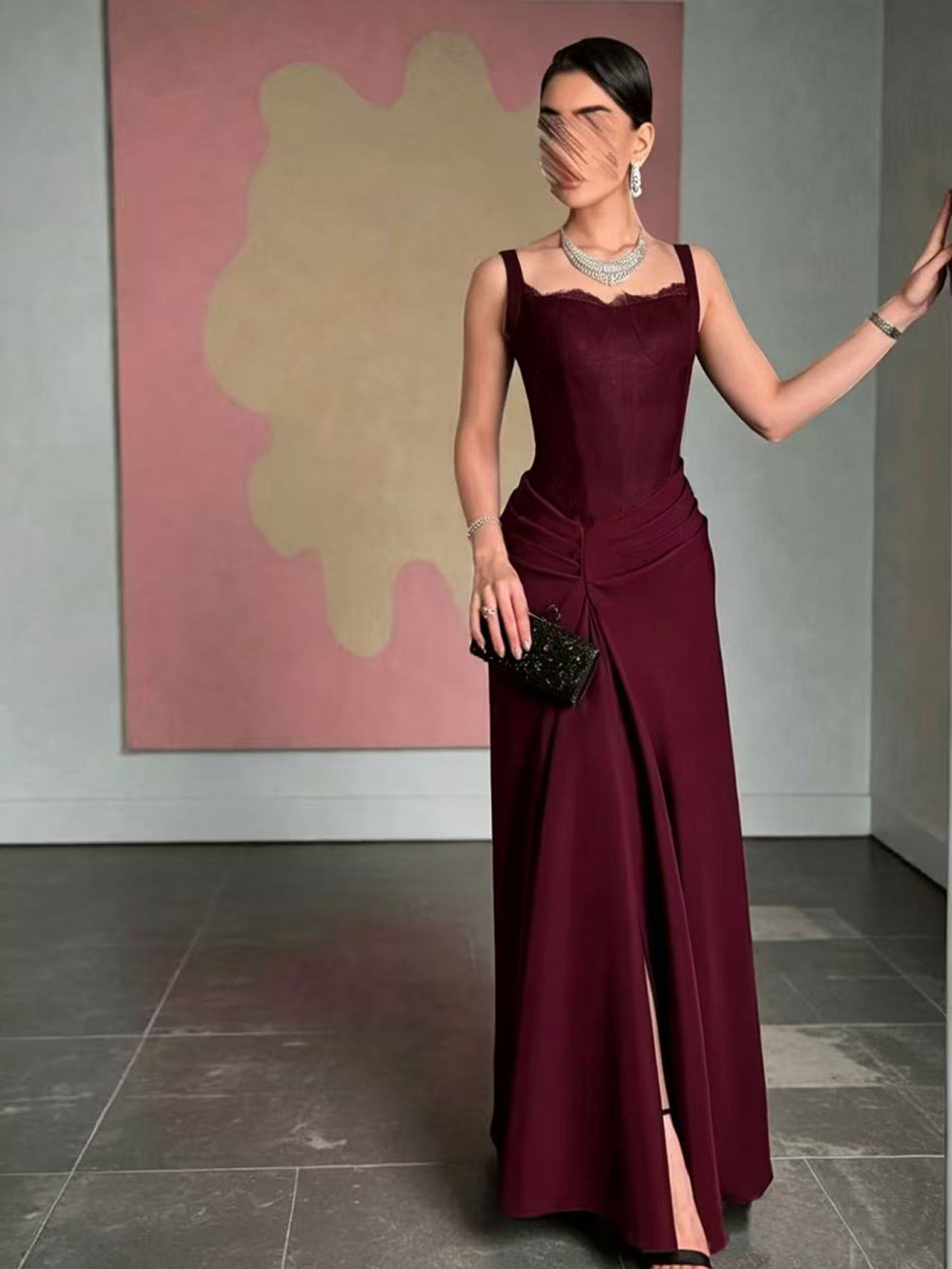 Vestido de mujer europea y americana transfronteriza sexy un vestido de hombro primavera y verano mujer diseño de encaje empalmado hueco vestido largo image 1