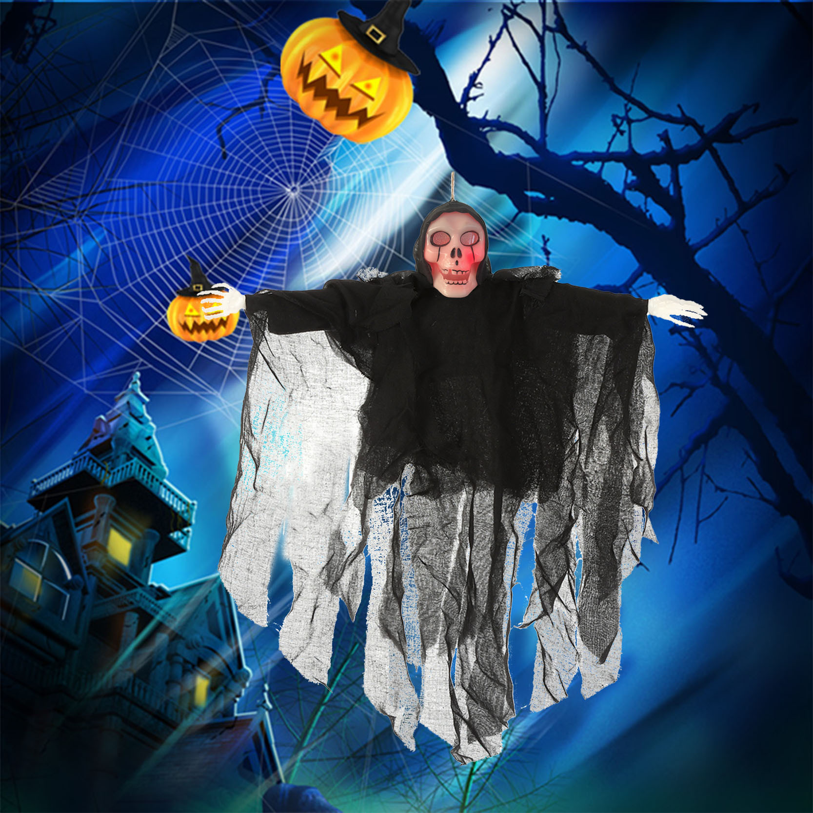 Halloween transfronterizo, fantasmas colgantes, resplandor, sonido eléctrico, dioses de la muerte, adornos de calavera, bares de casas embrujadas, accesorios de decoración de fiestas