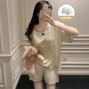 Summer Sweet Lace Short-Sleeved Pajamas with Breast Pads for Women, Cute Pure Lust Shorts, 2025 New Home Wear Set