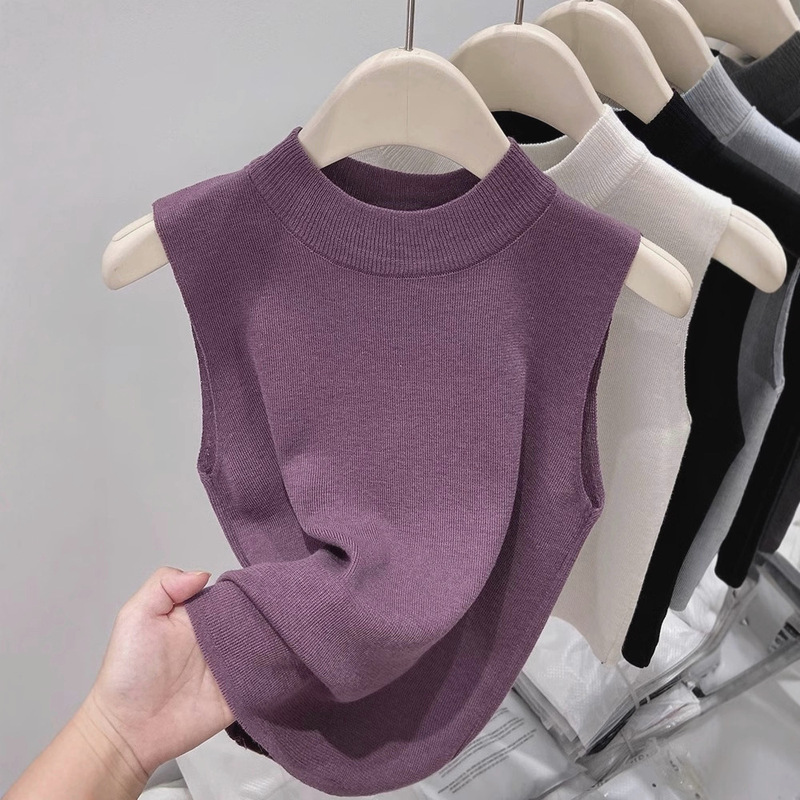 Half-High Collar Knitted Vest for Women, 2026 Early Spring New Style, Slim Fit, Stand-Up Collar, Conceals Side Breasts, Thin Sleeveless Base Shirt