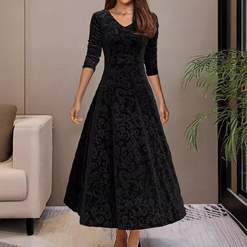 Cross-Border European and American Walmart Aliexpress Spring and Autumn New Temperament High-End Dress Velvet Mid-Length Dress for Women