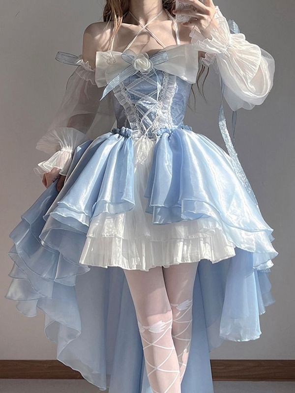 蓝色lolita连衣裙洋装设计前短后长花嫁重工大蝴蝶结拖尾公主裙子|undefined