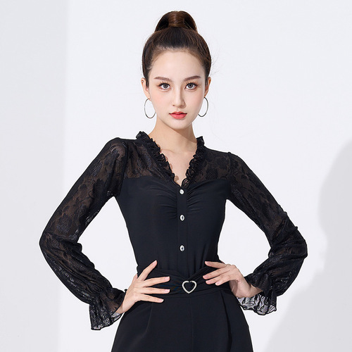 Latin dance tops for women with lace sleeves, new modern dance clothes for practice, adult national standard hot diamond fashion dance clothes and dance clothes
