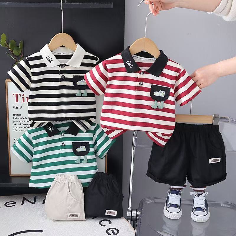 Trendy Children's Clothing Summer New Baby Boy Stripesd Lapel Stereo Cartoon Polo Shirt Short-Sleeved T-Shirt Casual Two-Piece Set