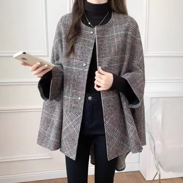 10 color in stock Foreign trade original order autumn and winter new coat women's cape cape long plaid woolen coat