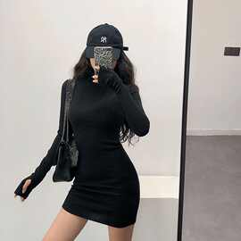 欧美风高领连衣裙修身性感紧身显瘦长袖辣妹裙包臀连衣裙秋冬季