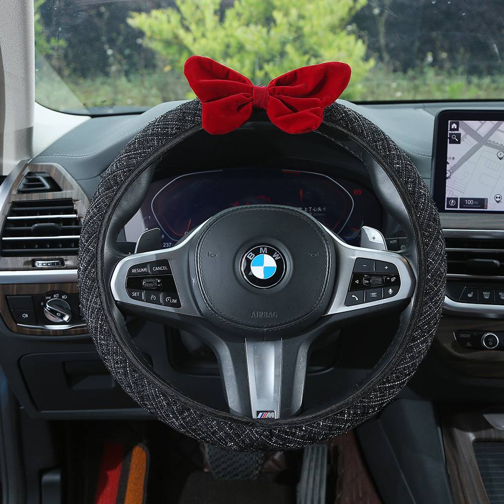 Chanel-style red bow car steering wheel cover, textured and non-slip, suitable for all seasons, women's car interior accessory set