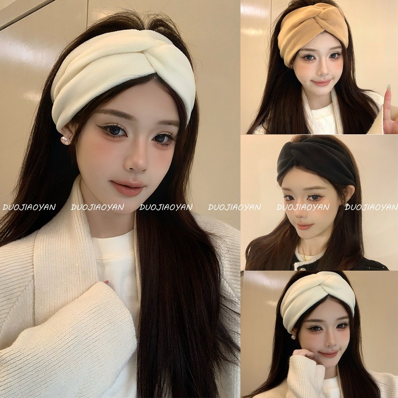 网红新款秋冬时尚纯色奥粒绒发带复古交叉防寒保暖头带发饰现货女|undefined