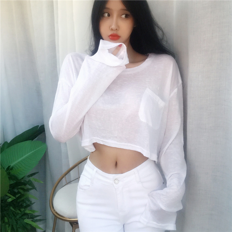 Real Shot of Korean Dongdaemun Sexy Short Loose Slimming Look Sports Slightly See-Through Round Neck Long-Sleeved T-Shirt Top for Women