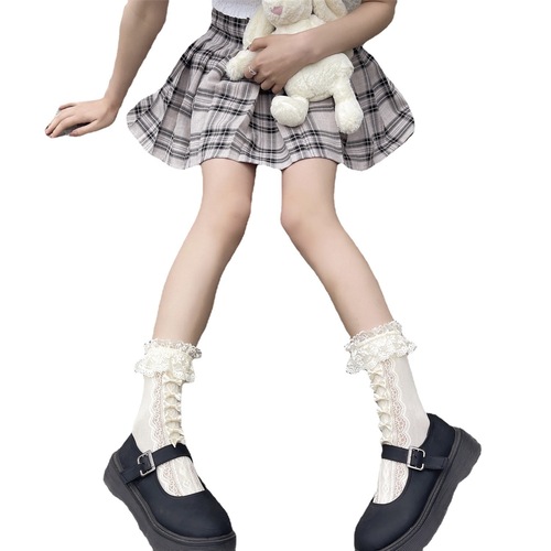 Japanese retro milky white bow hollow lace love jacquard calf socks lace short socks JK mid-calf socks