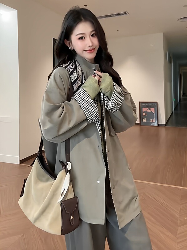 法式欧货立领双面穿格子拼接风衣外套女秋冬季宽松高级感休闲大衣|undefined
