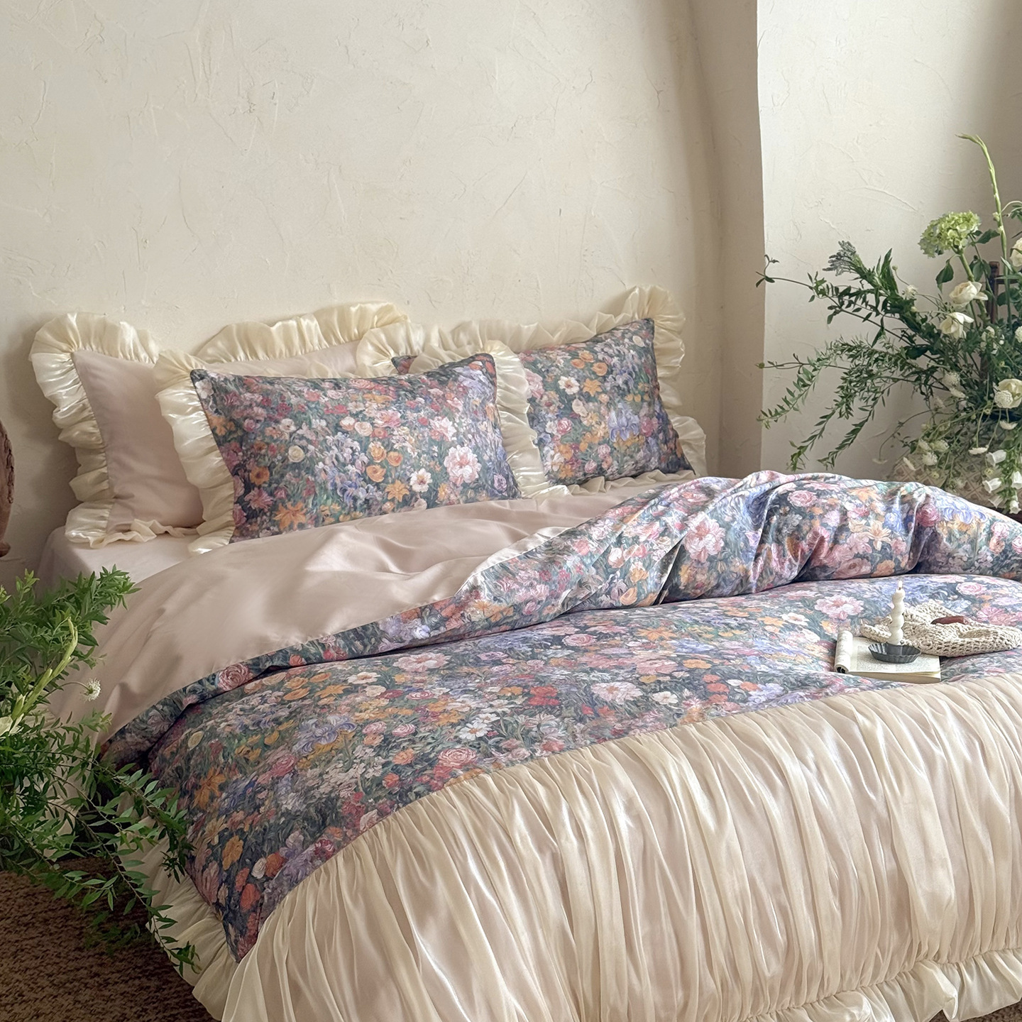 French Retro Oil Painting Style 50S Double-Strand Satin Lace Bedding Four-Piece Set Girly Heart Bed Skirt Bedding