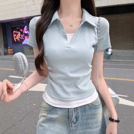 小个子甜酷辣妹v领拼色假两件polo短袖t恤女夏季褶皱收腰刺绣上衣