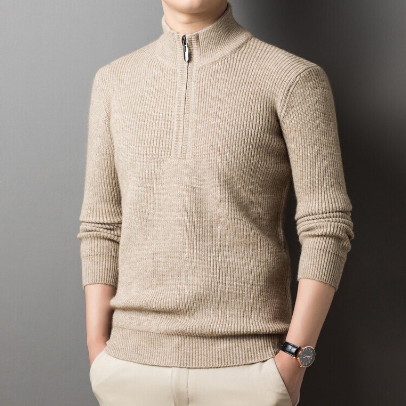New Winter Style Men's Half-High Collar Zippered Alpaca Wool Knitwear for Young and Middle-Aged Men, Thickened and Warm Long-Sleeved Sweater