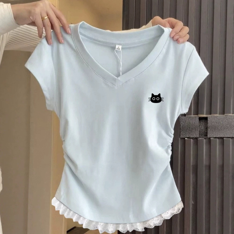 2026 New Summer Style Korean Sweet Lace Slim-Fitting Blouse V-Neck Waist-Cinching Top Slimming Short-Sleeved T-Shirt for Women 2026 New Summer Style Korean Sweet Lace Slim-Fitting Blouse V-Neck Waist-Cinching Top Slimming Short-Sleeved T-Shirt for Women