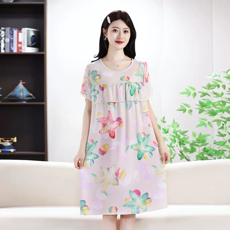 中老年人棉绸短袖睡裙睡衣妈妈中长款宽松家居服连衣裙夏季人造棉