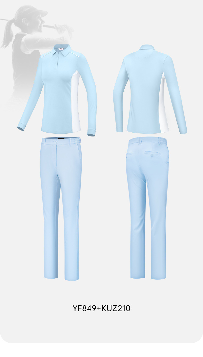 Áo polo dài tay đồng phục golf in logo miễn phí — Bộ đồ caddie nữ [Quần trên màu xanh nhạt] YF848 KUZ210/209, Bộ đồ caddie nữ [quần áo màu xanh nhạt] YF851 KUZ210/209, Bộ đồ cùng mẫu cho nam tùy chỉnh, Bộ đồ caddie nữ [quần áo màu xanh] YF850 KUZ210/209 chi tiết 17