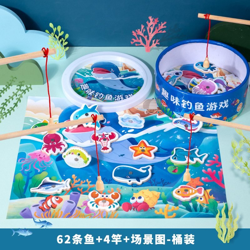 Diversión de madera barril magnético pesca marina juego de cartas juego ejercicio coordinación mano-ojo juguetes educativos