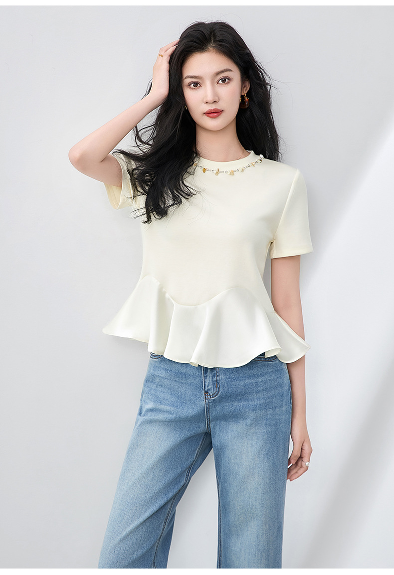 Áo thun nữ cổ tròn tay ngắn đính kim cương viền bèo nhún kiểu Pháp — Màu đen chi tiết 15