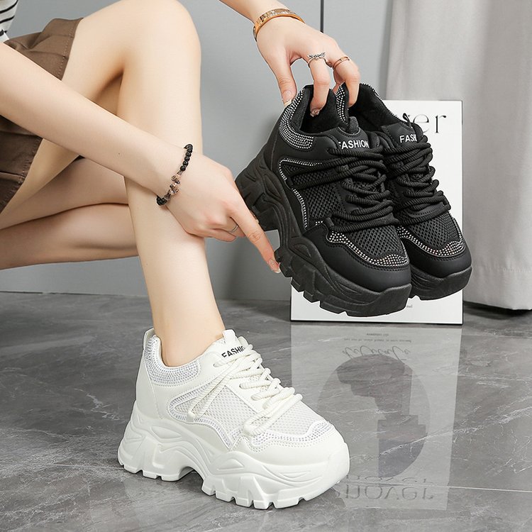 2025春秋厚底鞋透气秋季亮钻内增高老爹鞋女休闲鞋网面运动鞋女鞋