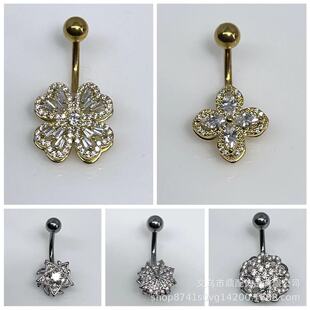 Cross-border piercing stainless steel rod rotatable belly button nail four-leaf clover sunflower transfer beads belly button jewelry wholesale