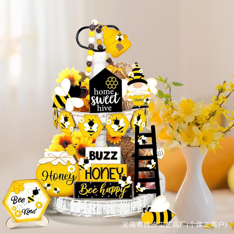 15Pcs Bee Layered Tray Decoration Set Table Decoration Farmhouse Sweet Bee Hive Happy Honey Tray Decoration