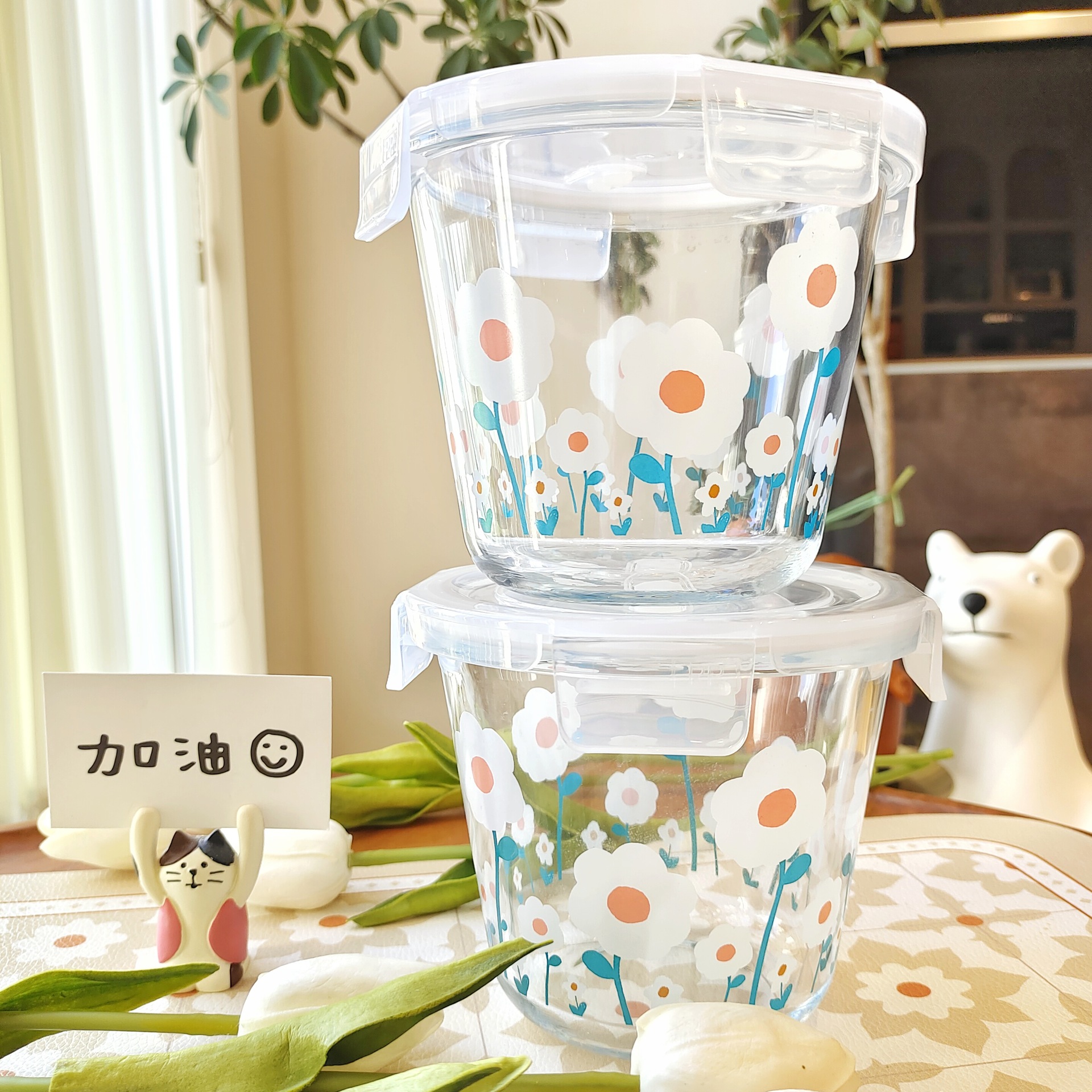 Roasted Flower Glass Preservation Lunch Box Preservation Bowl with Lid Microwave Heating Soup Bowl Large Capacity Sealed Lunch Box Lunch Box