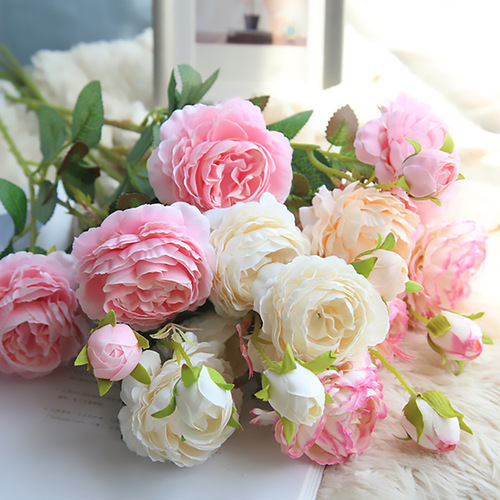 New 3-head European peony European bract core Western rose artificial flower wedding decoration wall manufacturer wholesale INS fake flowers