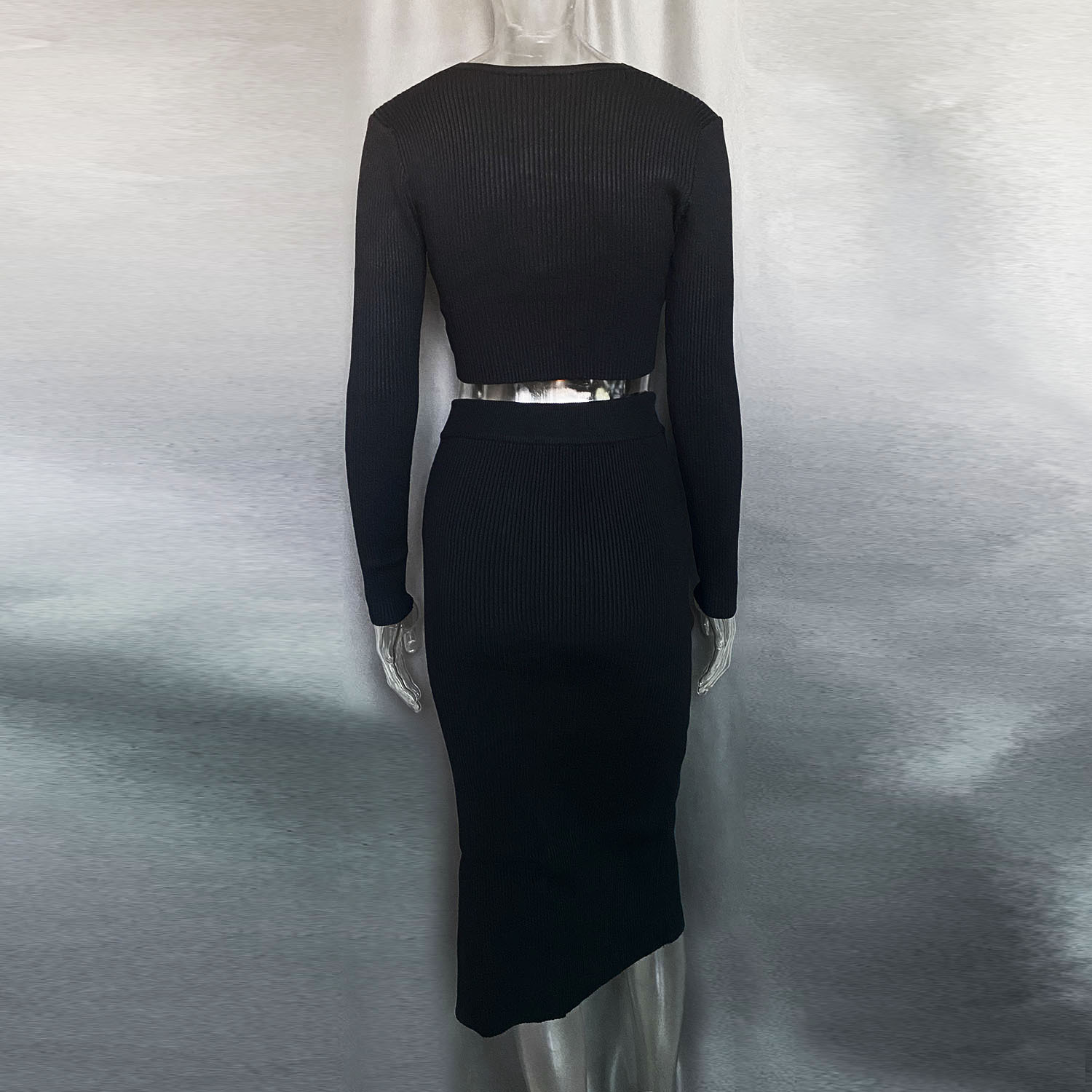 Women's Clothing Slit Sweater Dress Deep V High Elastic Wool Sweater Suit_voghion.com