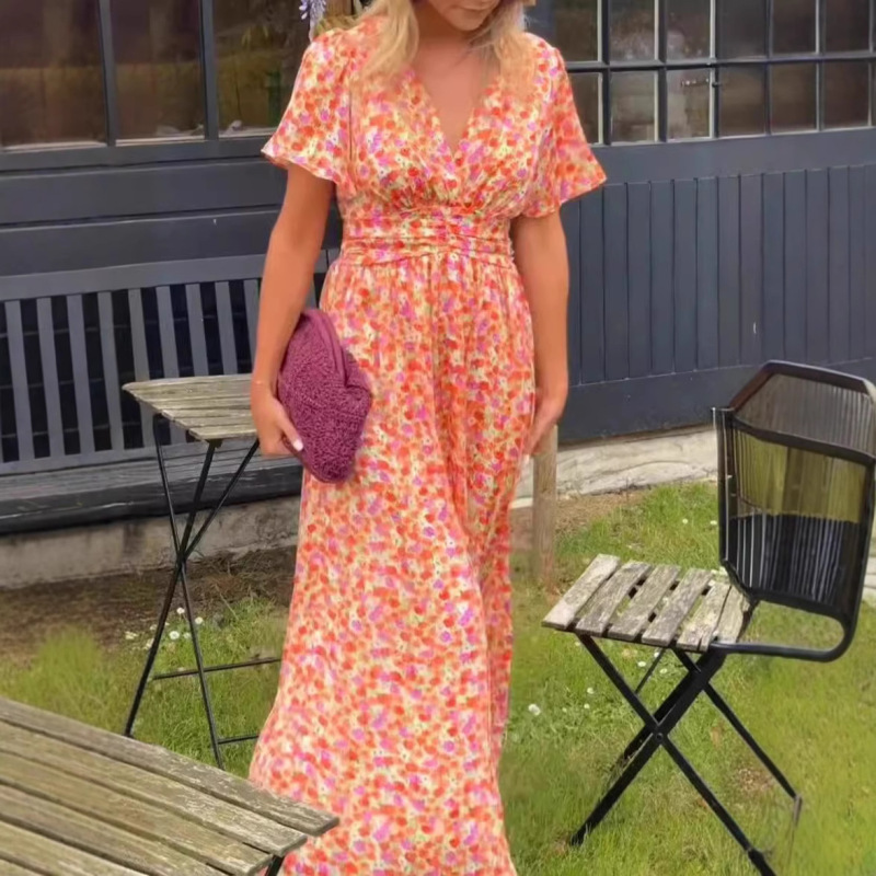 Europe and the United States cross-border shein2024 new Amazon foreign trade women's elegant printed waist V-neck dress dress