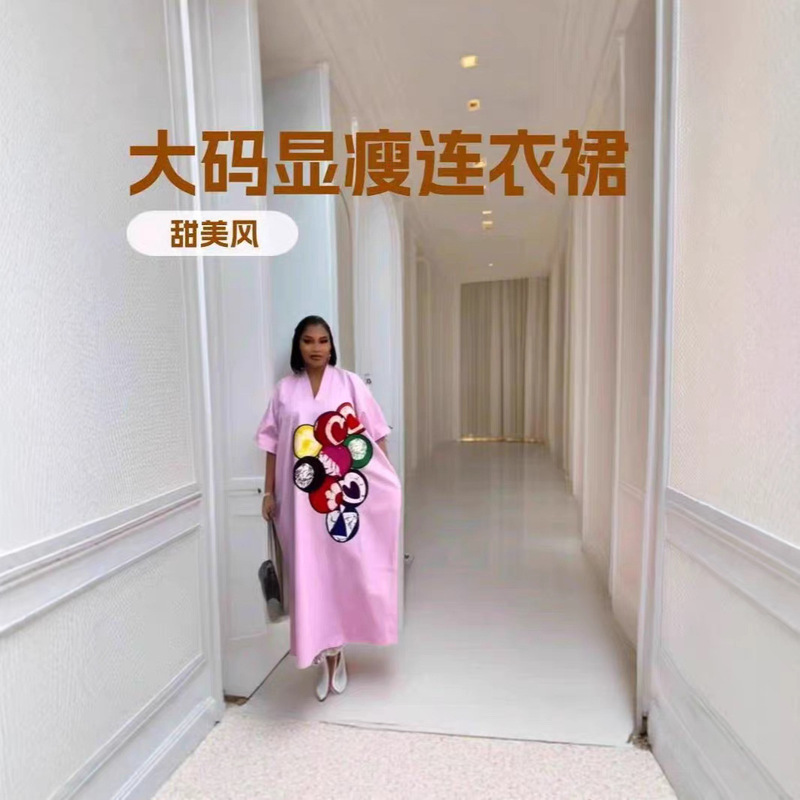 European and American Women's Clothing 2025 Summer New Style Sweet and Fresh Striped V-Neck Batwing Sleeve Loose Plus-Size Long Dress European and American Women's Clothing 2025 Summer New Style Sweet and Fresh Striped V-Neck Batwing Sleeve Loose Plus-Size Long Dress