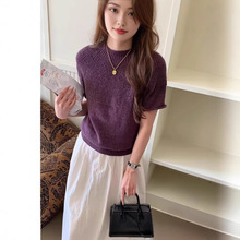 紫色短袖针织衫女高级感套头宽松圆领设计感小个子显瘦春夏上衣女