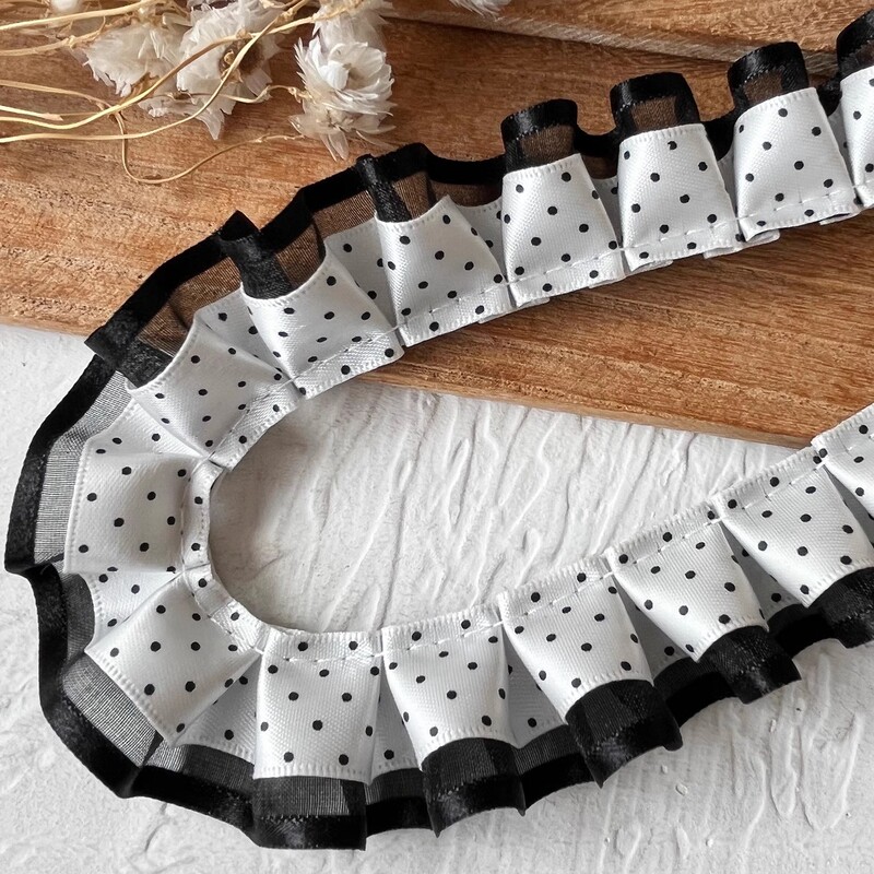 Double-Layer Black and White Polka Dot Pleated Lace Accessories Handmade DIY Material Pain Board Ribbon Hair Accessories Decorative Handbook Material Double-Layer Black and White Polka Dot Pleated Lace Accessories Handmade DIY Material Pain Board Ribbon Hair Accessories Decorative Handbook Material