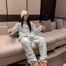 网红ins风新款空气夹层睡衣女秋冬季显瘦加厚夹棉居家服外出套装