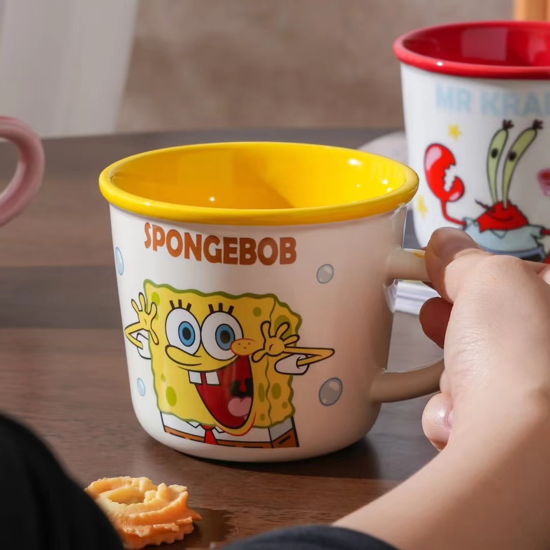 Taza de cerámica de Bob Esponja, taza de desayuno de alto valor para niños, taza de leche con escala, taza de agua potable doméstica