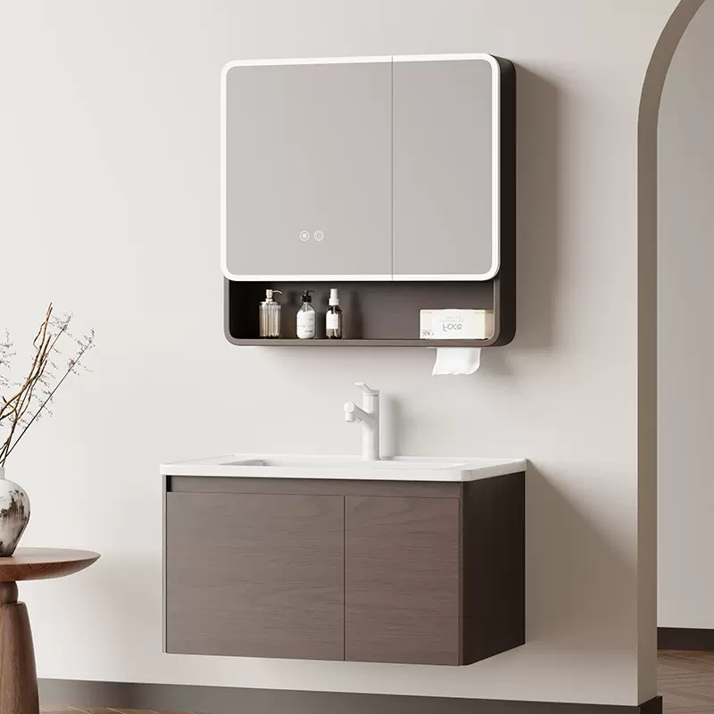 胡桃木纹蜂窝铝浴室柜陶瓷一体盆卫生间圆弧洗手台洗脸洗漱盆组合