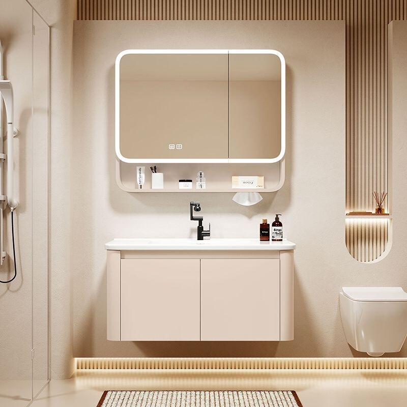 Large lemon cream-colored space aluminum rounded corner bathroom cabinet with integrated ceramic washbasin, vanity unit, and sink Large lemon cream-colored space aluminum rounded corner bathroom cabinet with integrated ceramic washbasin, vanity unit, and sink