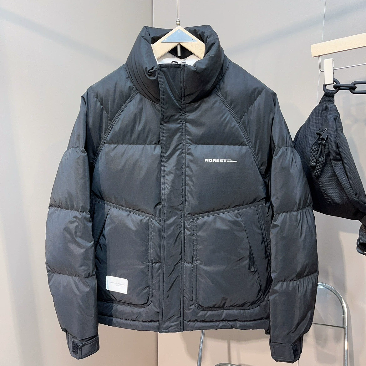 Down jacket, universal winter, duck down filled, velvet‑touch lining, light grey/black
