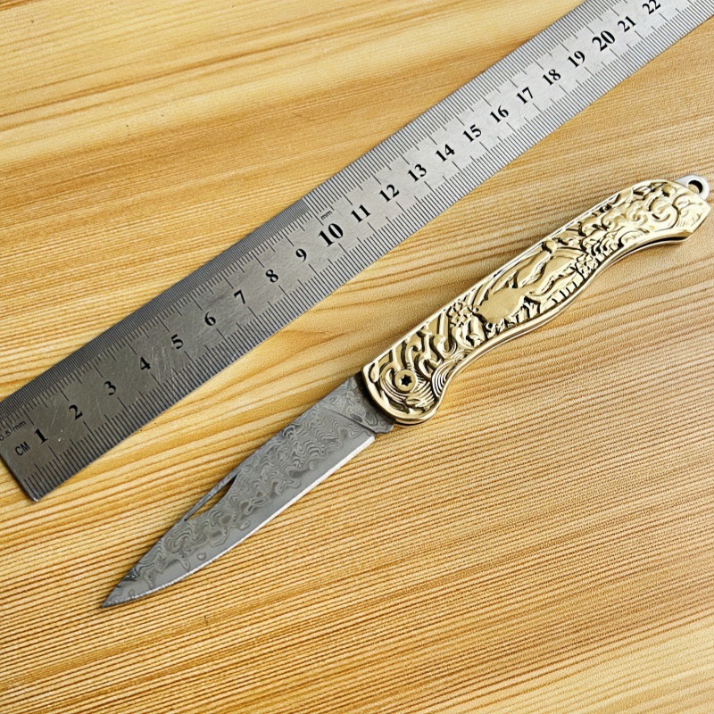 锋利大马士革钢折叠刀金鱼图案全铜实心手柄高硬度家用锋利口袋刀